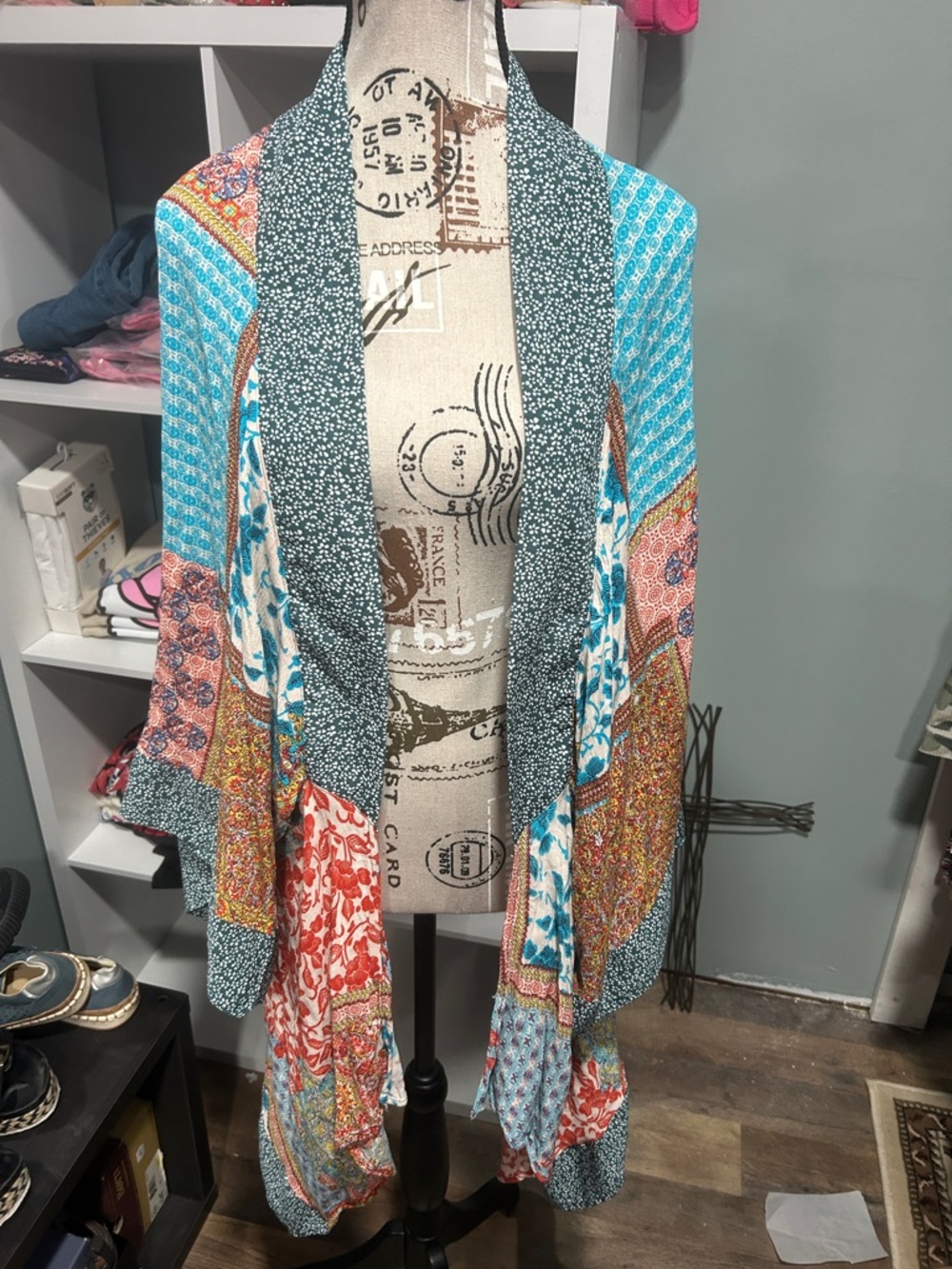 Boho Patchwork Open Kimono Cardigan - Teal, Coral, Blue